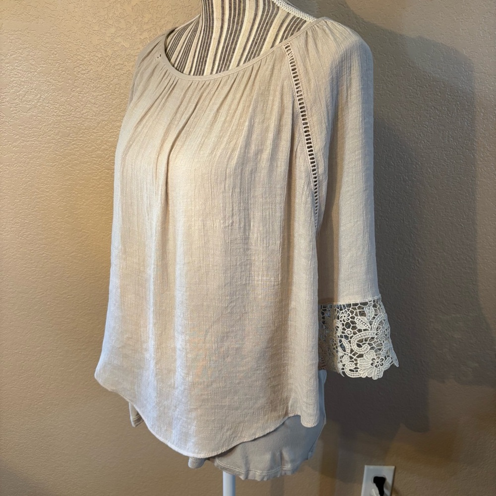 Sale! I.N. Studio Tunic Top L Light Beige Cream layered Tank Lace Eyelets Blouse - Picture 8 of 14